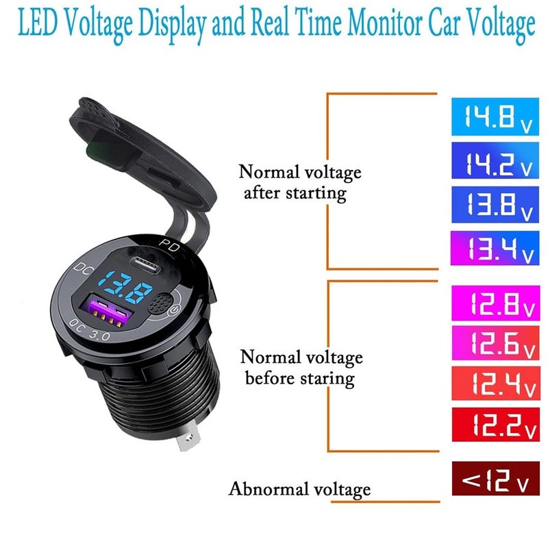 Y&D IP66 Waterproof Aluminum Alloy 12V QC 3.0 Fast Charger Dual USB & Type C Car Charger Socket, Automobile Chargers for Phone Tablet - Image 5